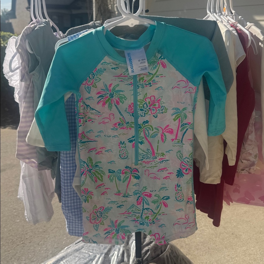 Kids Tropical Print Rash Guard Swimsuit - Teal & Pink- Ruffle Butts